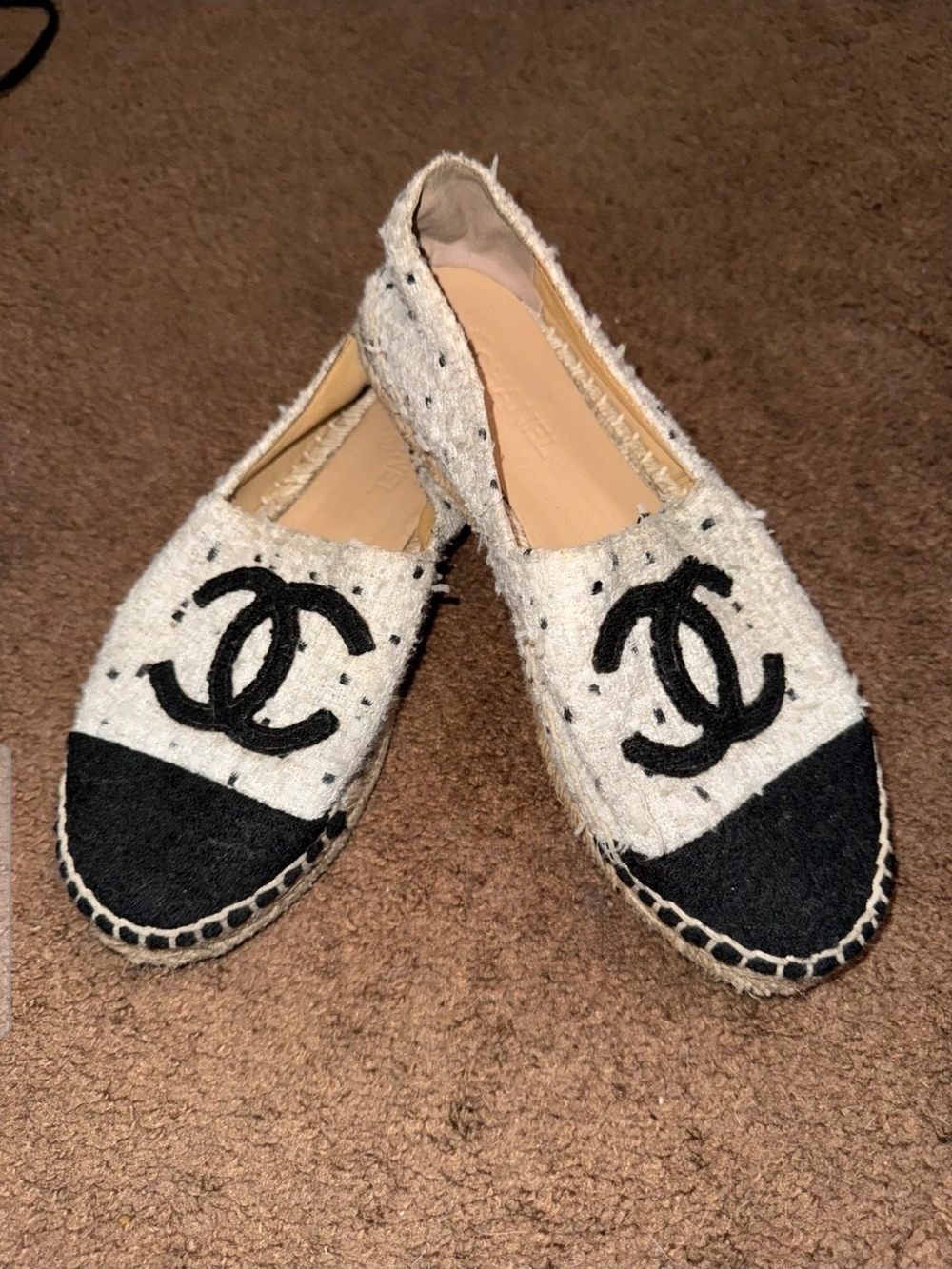 CHANEL Black & White Tweed Espadrilles with CC Logo